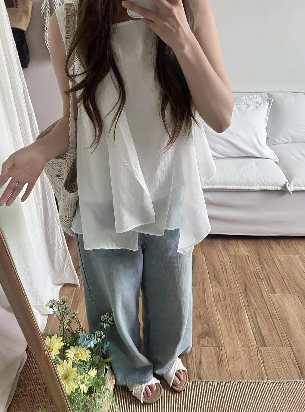 실사 한국 스타일 여름 밝은 색상 시스템 디자인 센스 불규칙 프릴 절묘한 라운드 넥 루즈핏 민소매 조끼 상세 이미지 12