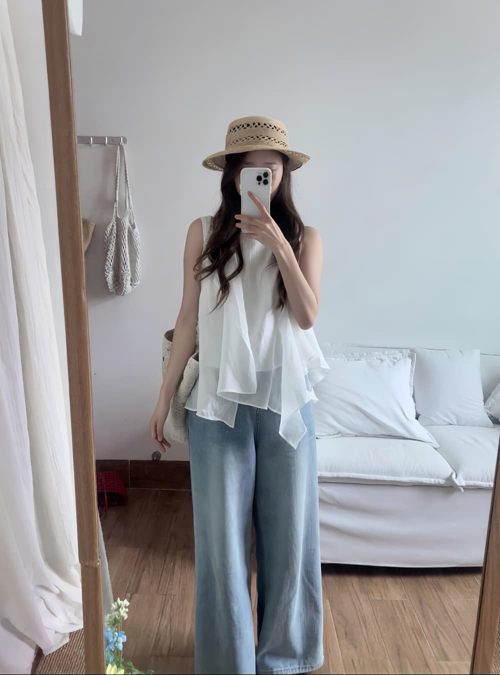 실사 한국 스타일 여름 밝은 색상 시스템 디자인 센스 불규칙 프릴 절묘한 라운드 넥 루즈핏 민소매 조끼 상세 이미지 13