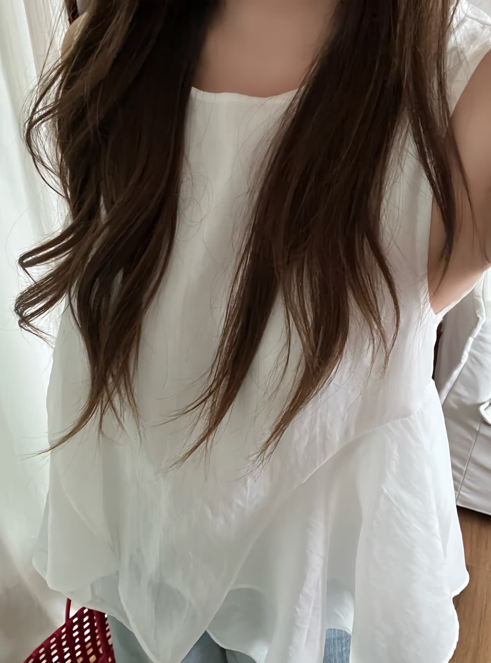 실사 한국 스타일 여름 밝은 색상 시스템 디자인 센스 불규칙 프릴 절묘한 라운드 넥 루즈핏 민소매 조끼 상세 이미지 14