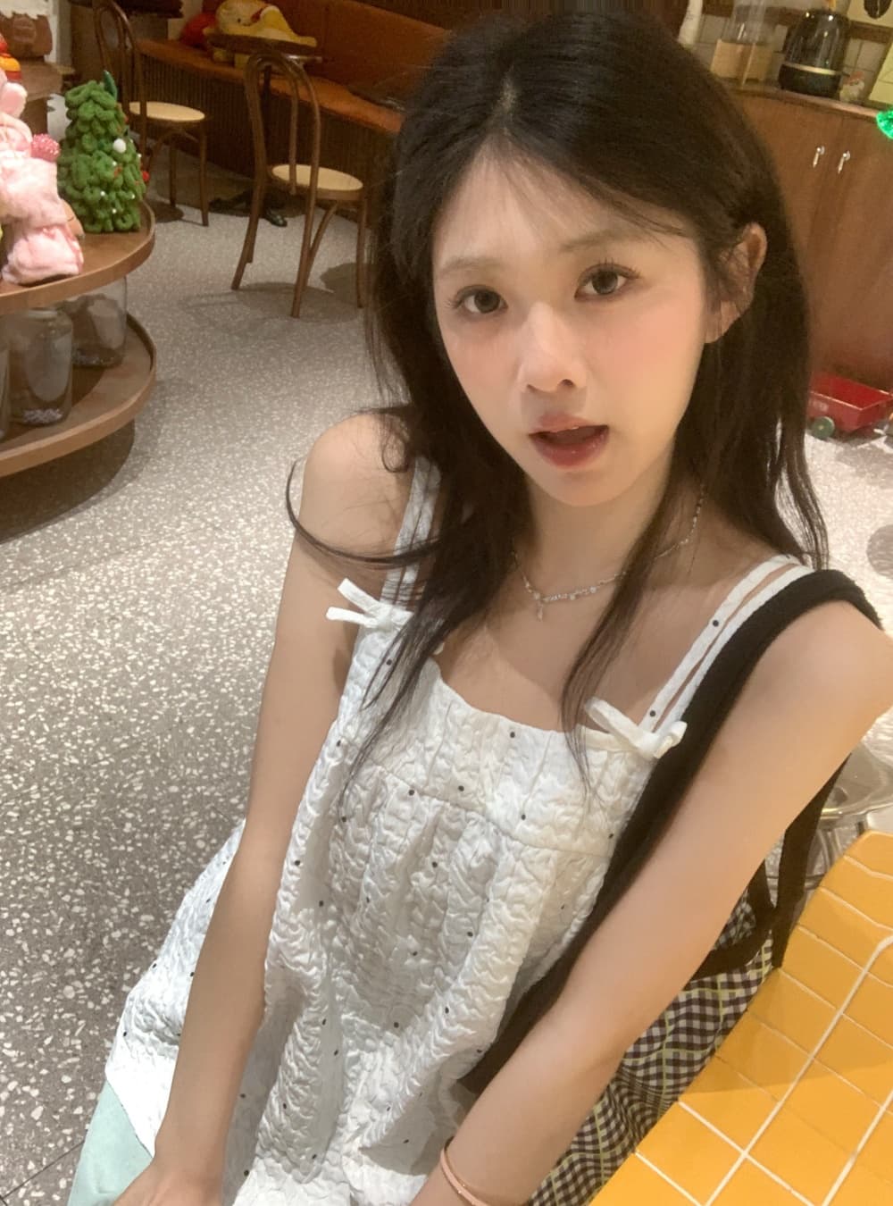 실사 여름 화이트 달콤함 버블 Pleat 질감 센스 도트 무늬 나비 매듭 슬립 맨위 여성 상세 이미지 12