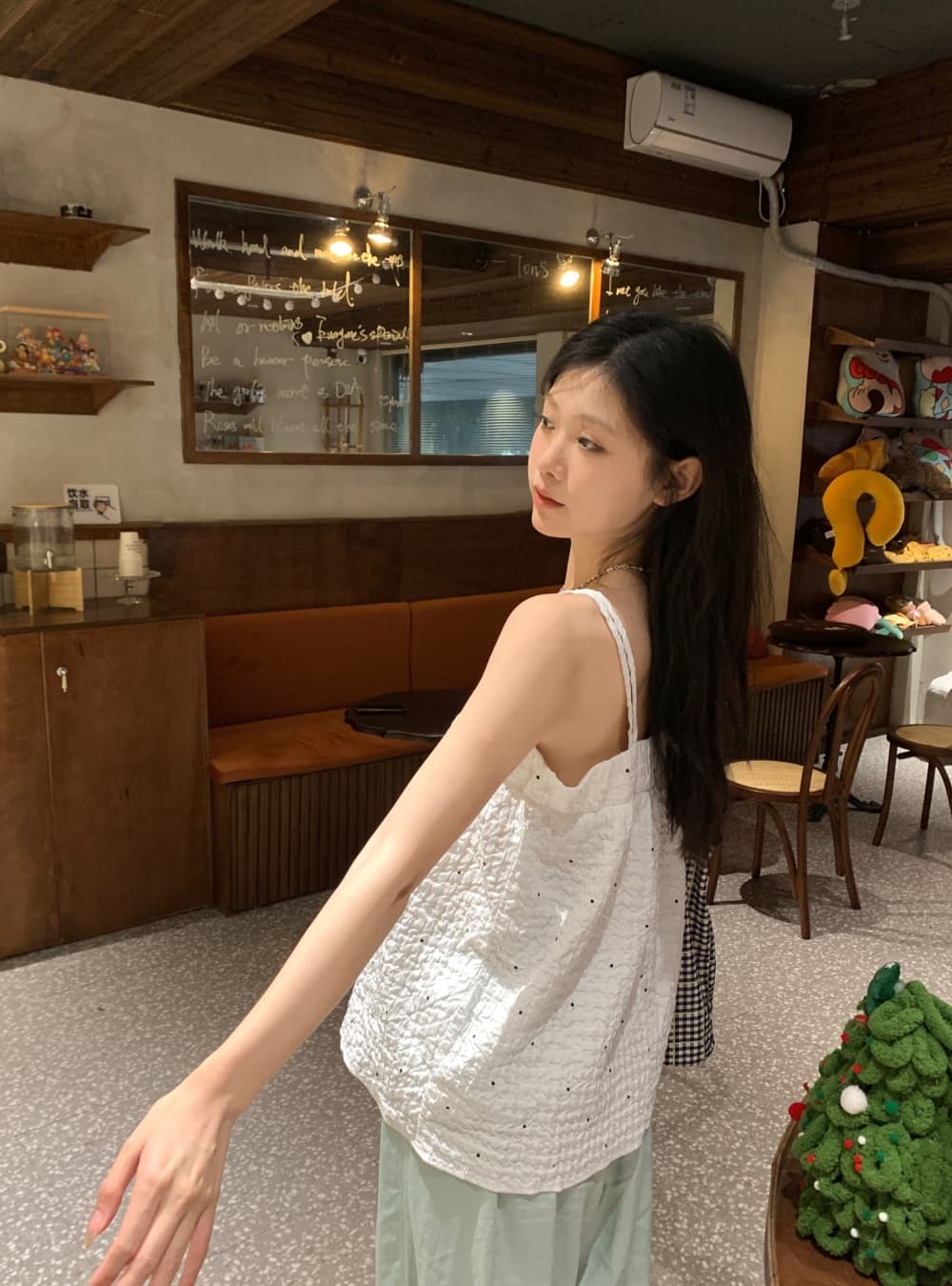 실사 여름 화이트 달콤함 버블 Pleat 질감 센스 도트 무늬 나비 매듭 슬립 맨위 여성 상세 이미지 14