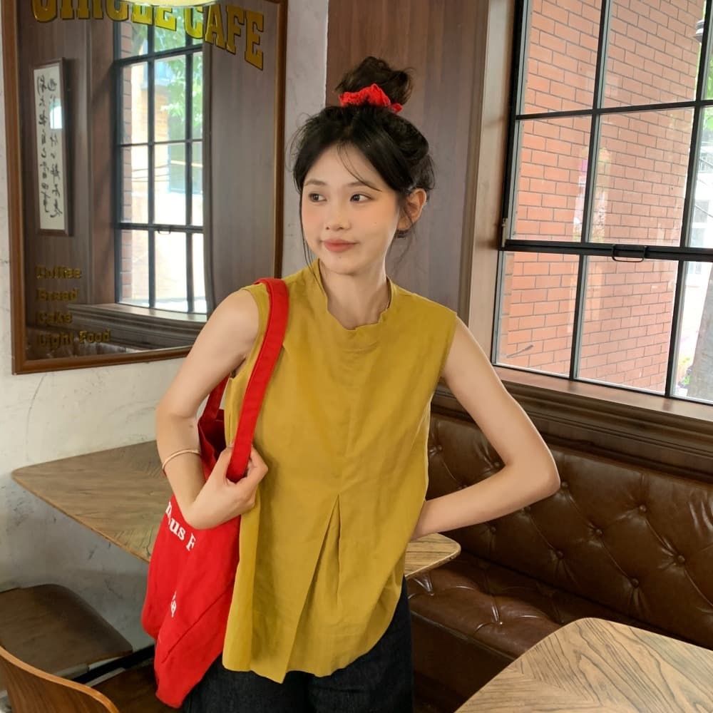 실사 민소매 작은 대중 Chic 주름 조끼 셔츠 스탠드 칼라 루즈핏 캐주얼 맨위 여성 이미지 5