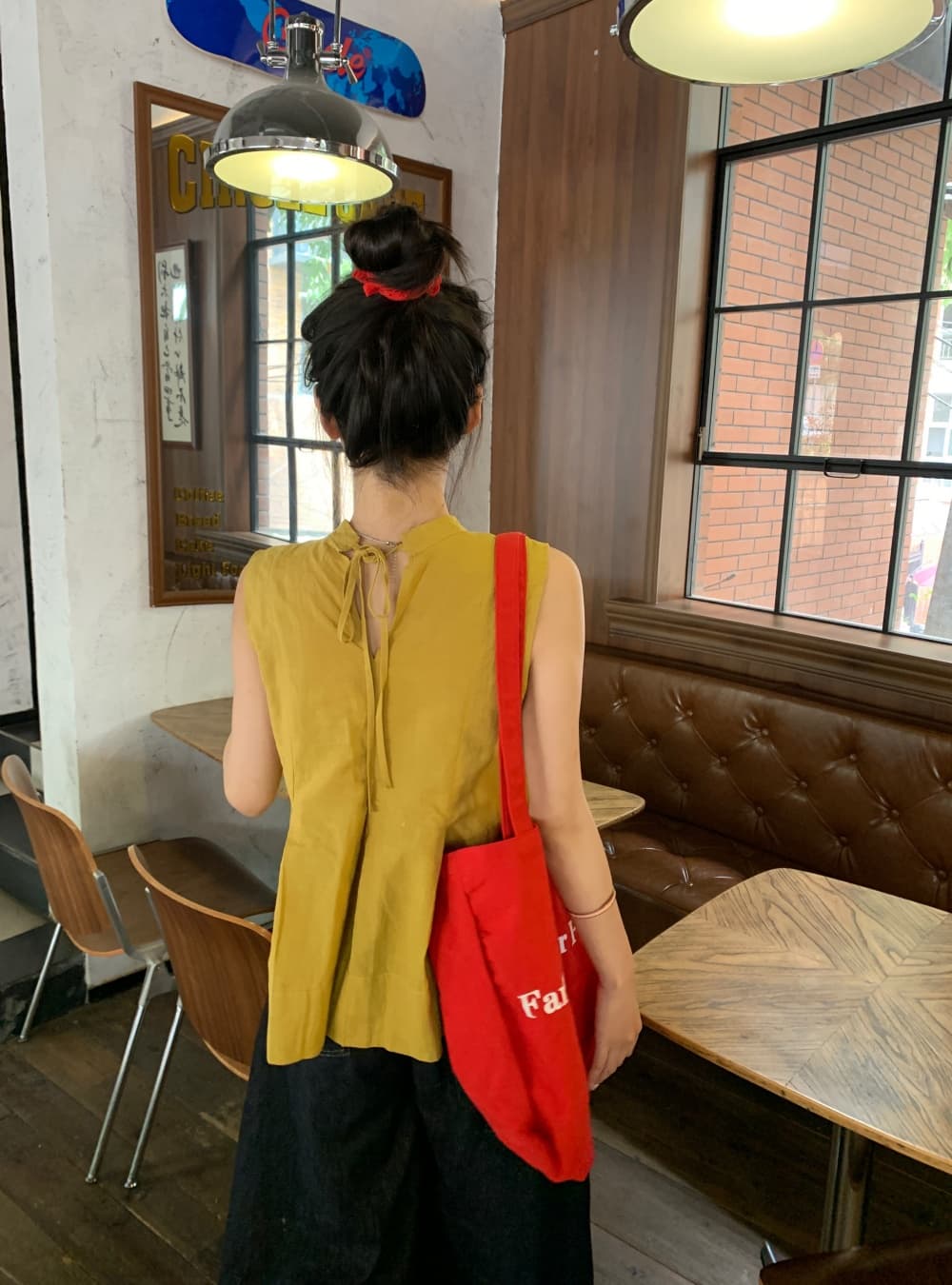 실사 민소매 작은 대중 Chic 주름 조끼 셔츠 스탠드 칼라 루즈핏 캐주얼 맨위 여성 상세 이미지 3