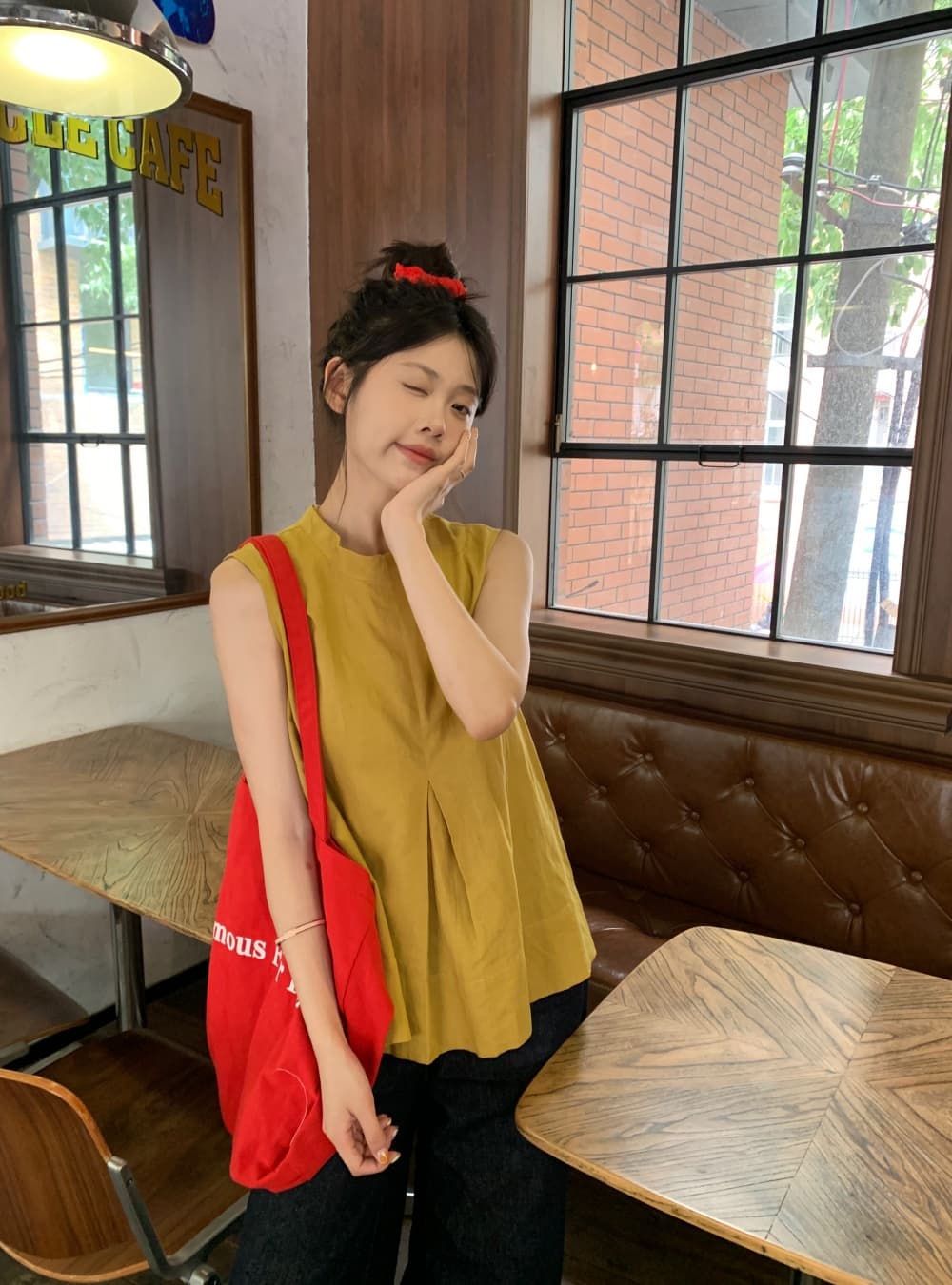 실사 민소매 작은 대중 Chic 주름 조끼 셔츠 스탠드 칼라 루즈핏 캐주얼 맨위 여성 상세 이미지 5