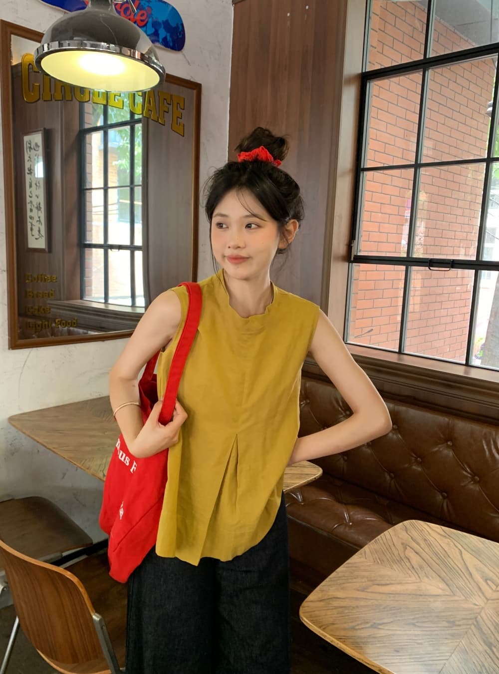 실사 민소매 작은 대중 Chic 주름 조끼 셔츠 스탠드 칼라 루즈핏 캐주얼 맨위 여성 상세 이미지 9