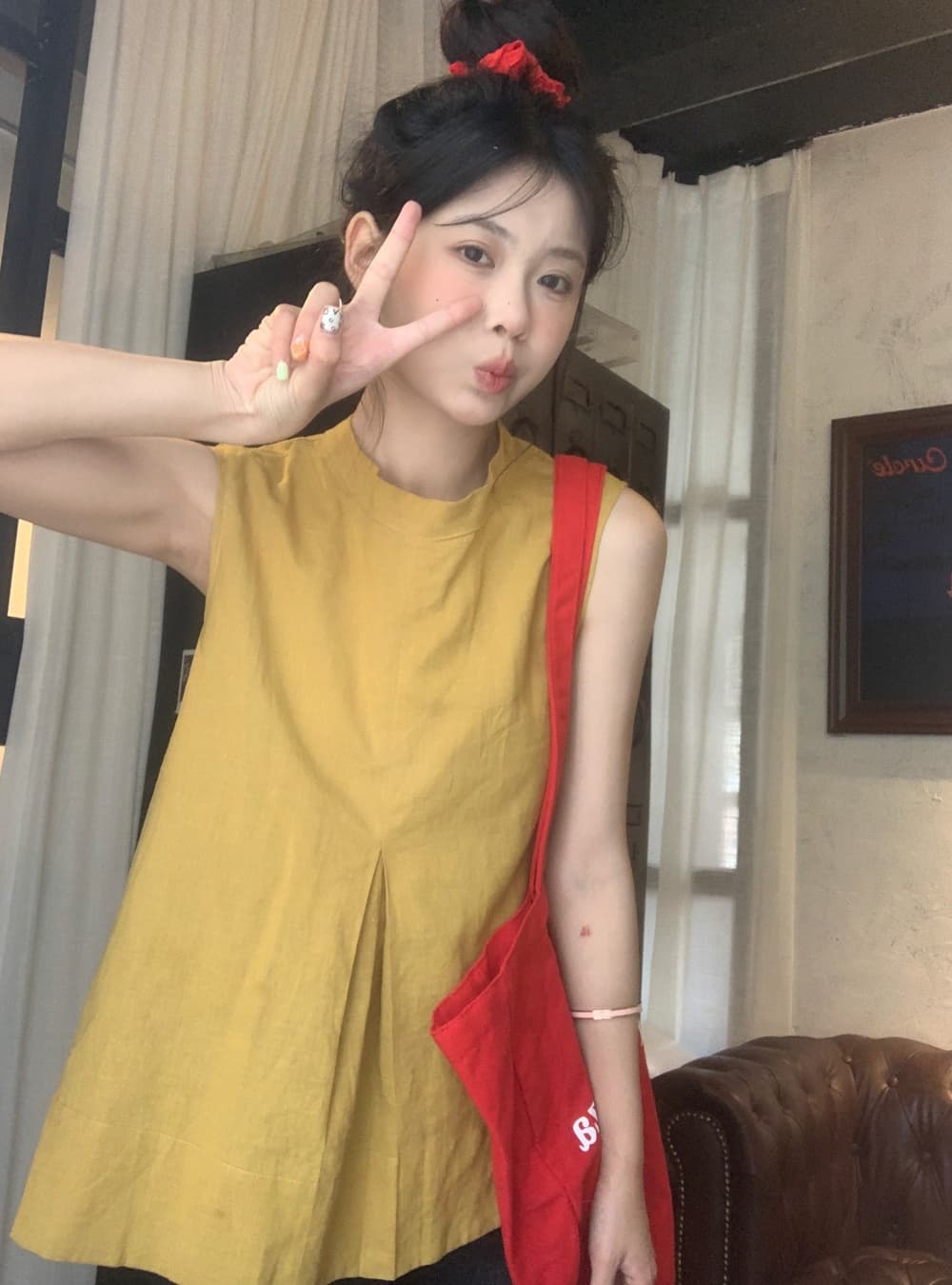 실사 민소매 작은 대중 Chic 주름 조끼 셔츠 스탠드 칼라 루즈핏 캐주얼 맨위 여성 상세 이미지 12