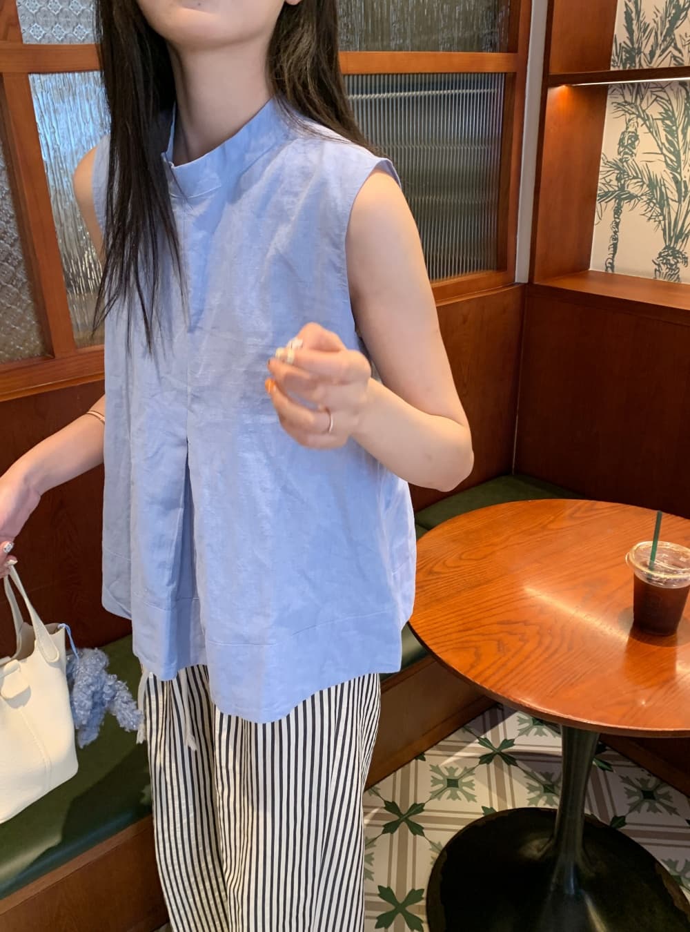 실사 민소매 작은 대중 Chic 주름 조끼 셔츠 스탠드 칼라 루즈핏 캐주얼 맨위 여성 상세 이미지 13