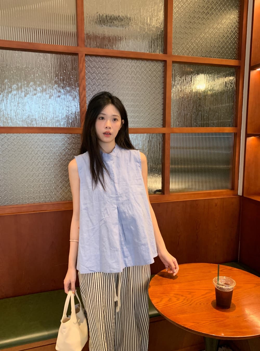 실사 민소매 작은 대중 Chic 주름 조끼 셔츠 스탠드 칼라 루즈핏 캐주얼 맨위 여성 상세 이미지 15