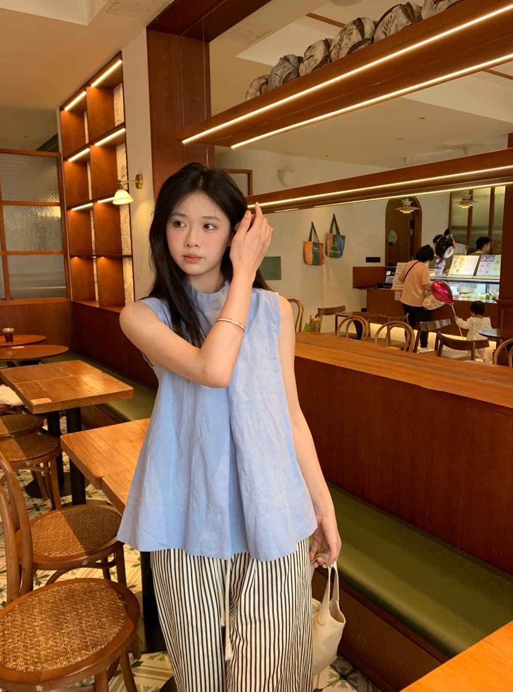 실사 민소매 작은 대중 Chic 주름 조끼 셔츠 스탠드 칼라 루즈핏 캐주얼 맨위 여성 상세 이미지 16