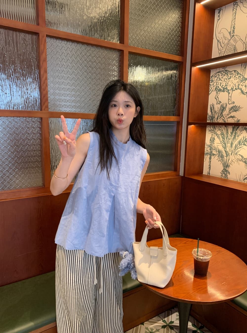 실사 민소매 작은 대중 Chic 주름 조끼 셔츠 스탠드 칼라 루즈핏 캐주얼 맨위 여성 상세 이미지 17