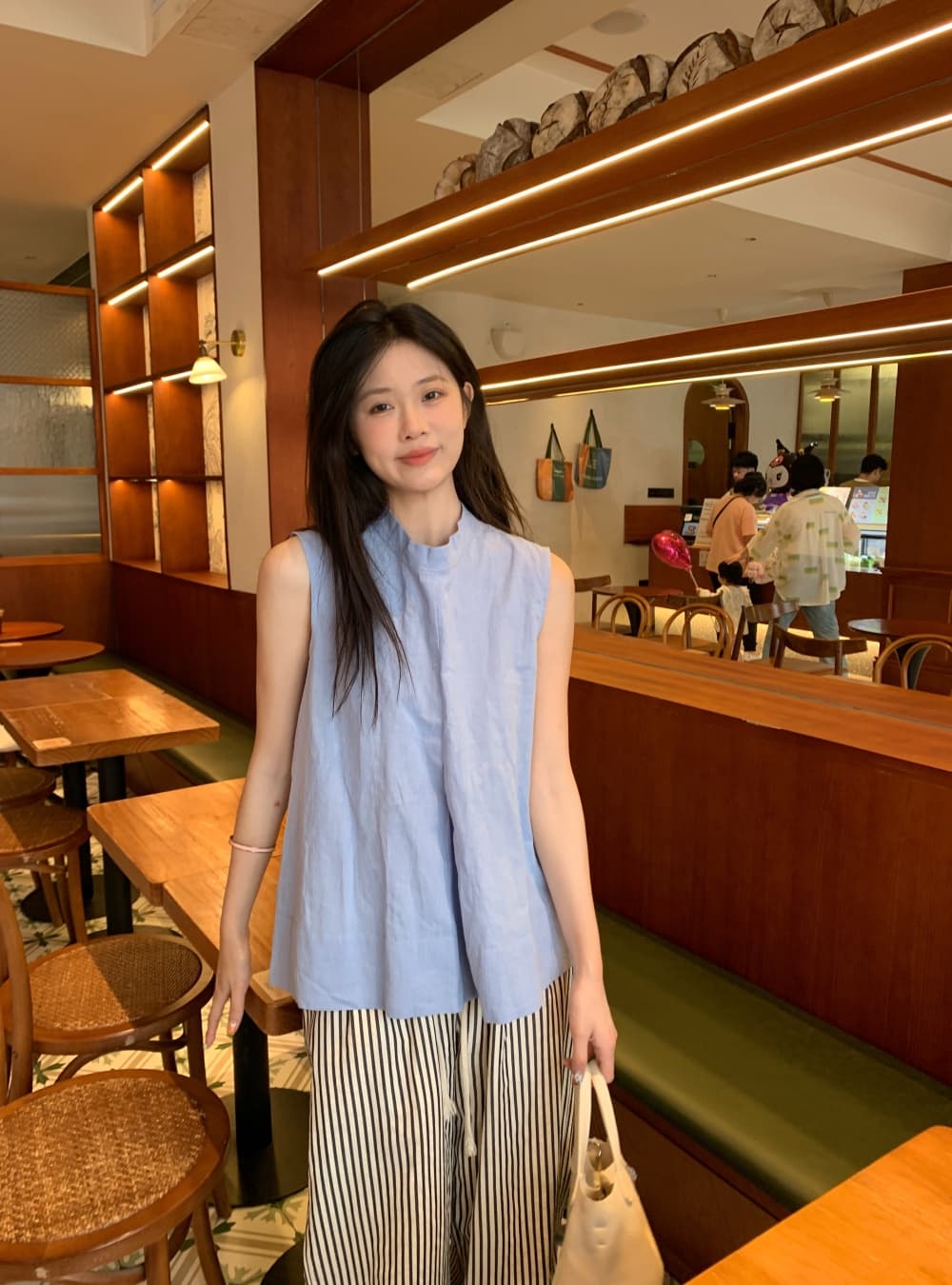 실사 민소매 작은 대중 Chic 주름 조끼 셔츠 스탠드 칼라 루즈핏 캐주얼 맨위 여성 상세 이미지 18