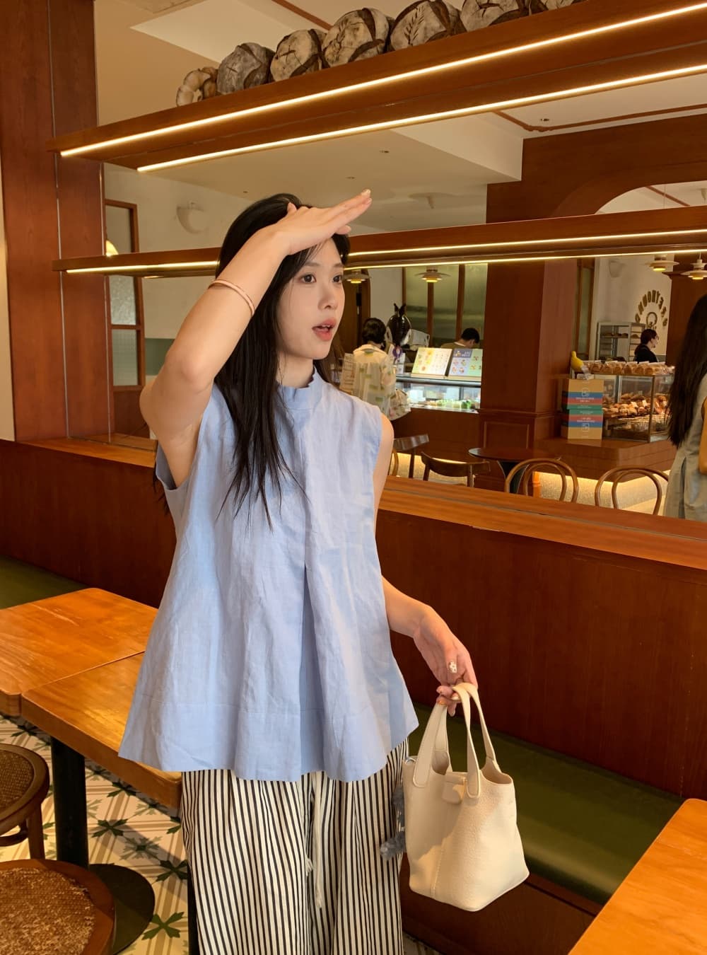 실사 민소매 작은 대중 Chic 주름 조끼 셔츠 스탠드 칼라 루즈핏 캐주얼 맨위 여성 상세 이미지 20