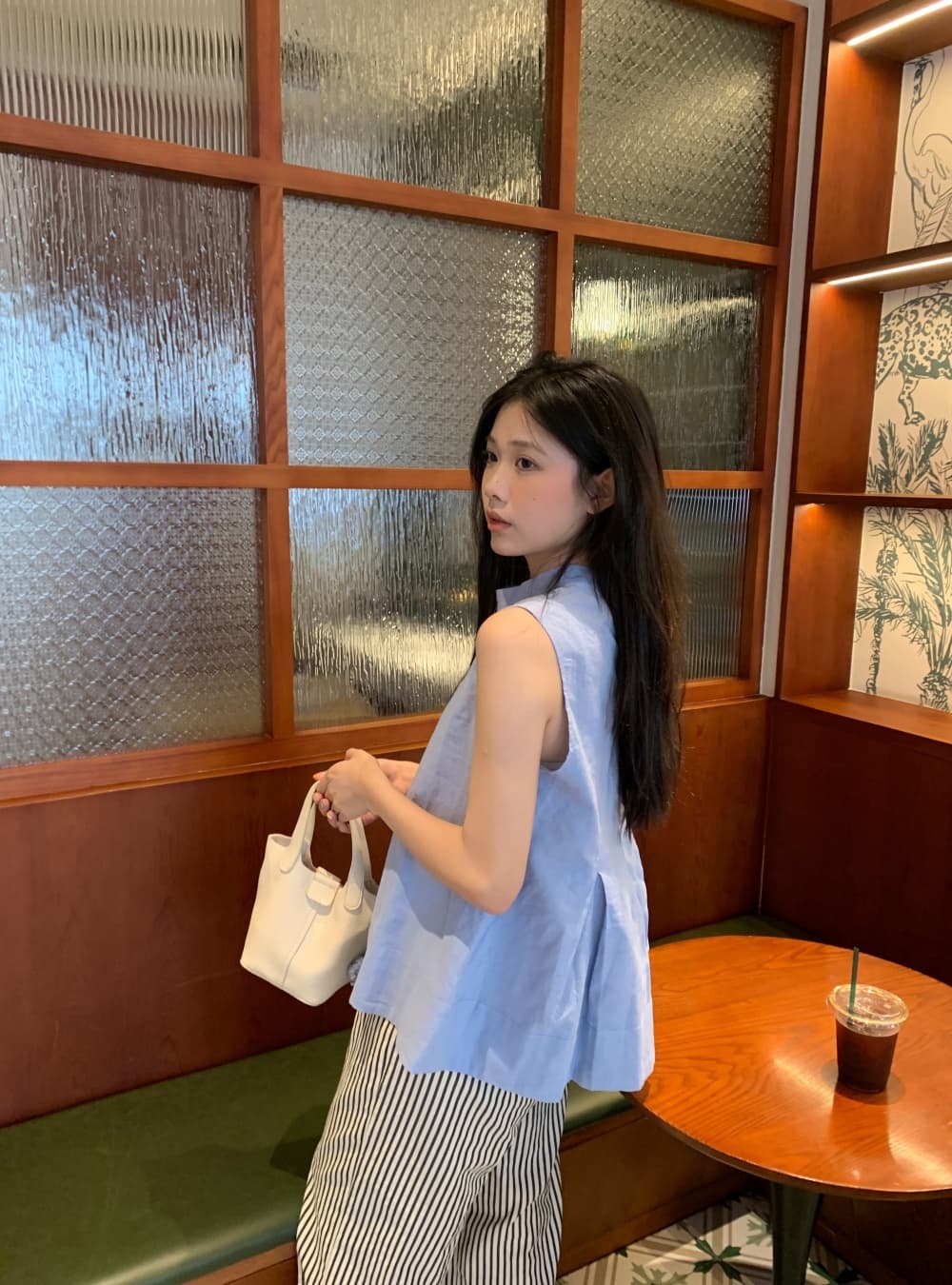 실사 민소매 작은 대중 Chic 주름 조끼 셔츠 스탠드 칼라 루즈핏 캐주얼 맨위 여성 상세 이미지 21