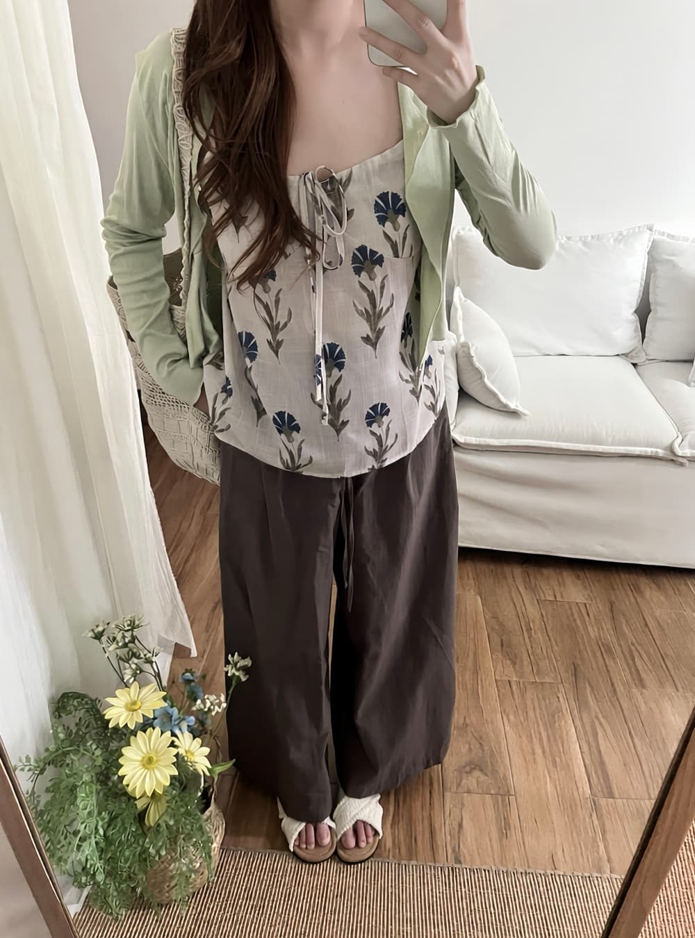 실사 한 부서 여름 녹색 색상 시스템 프린트 레트로 작은 슬링 녹색 니트 오픈 가디건 두 조각 여성 세트 상세 이미지 7