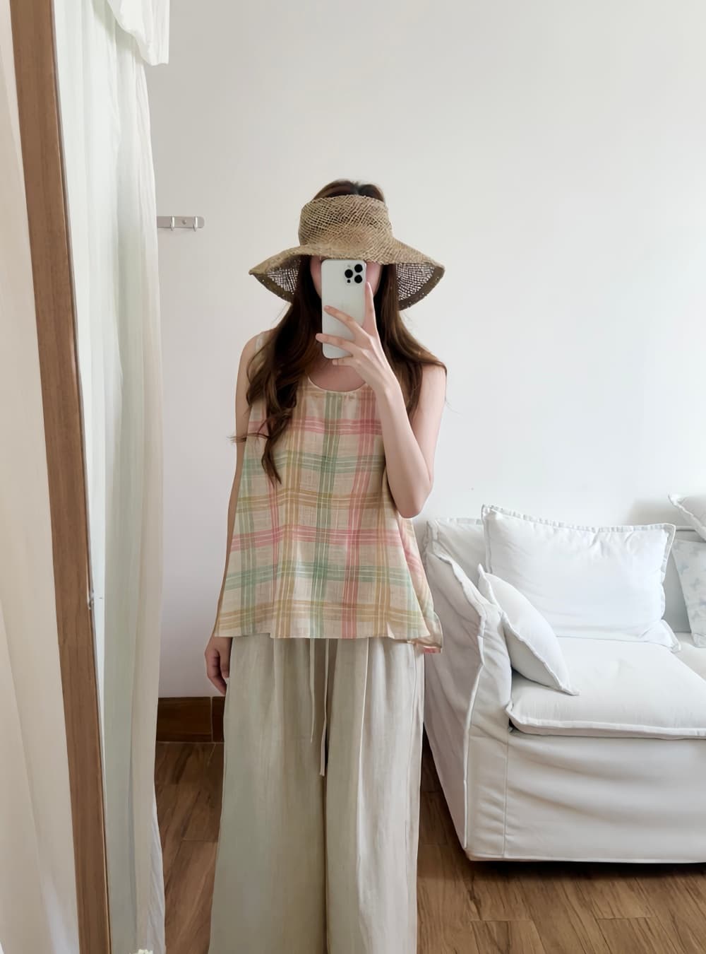 실사 한 부서 신선함 색상 체크무늬 조끼 체크무늬 루즈핏 민소매 작은 셔츠 맨위 여성 상세 이미지 6