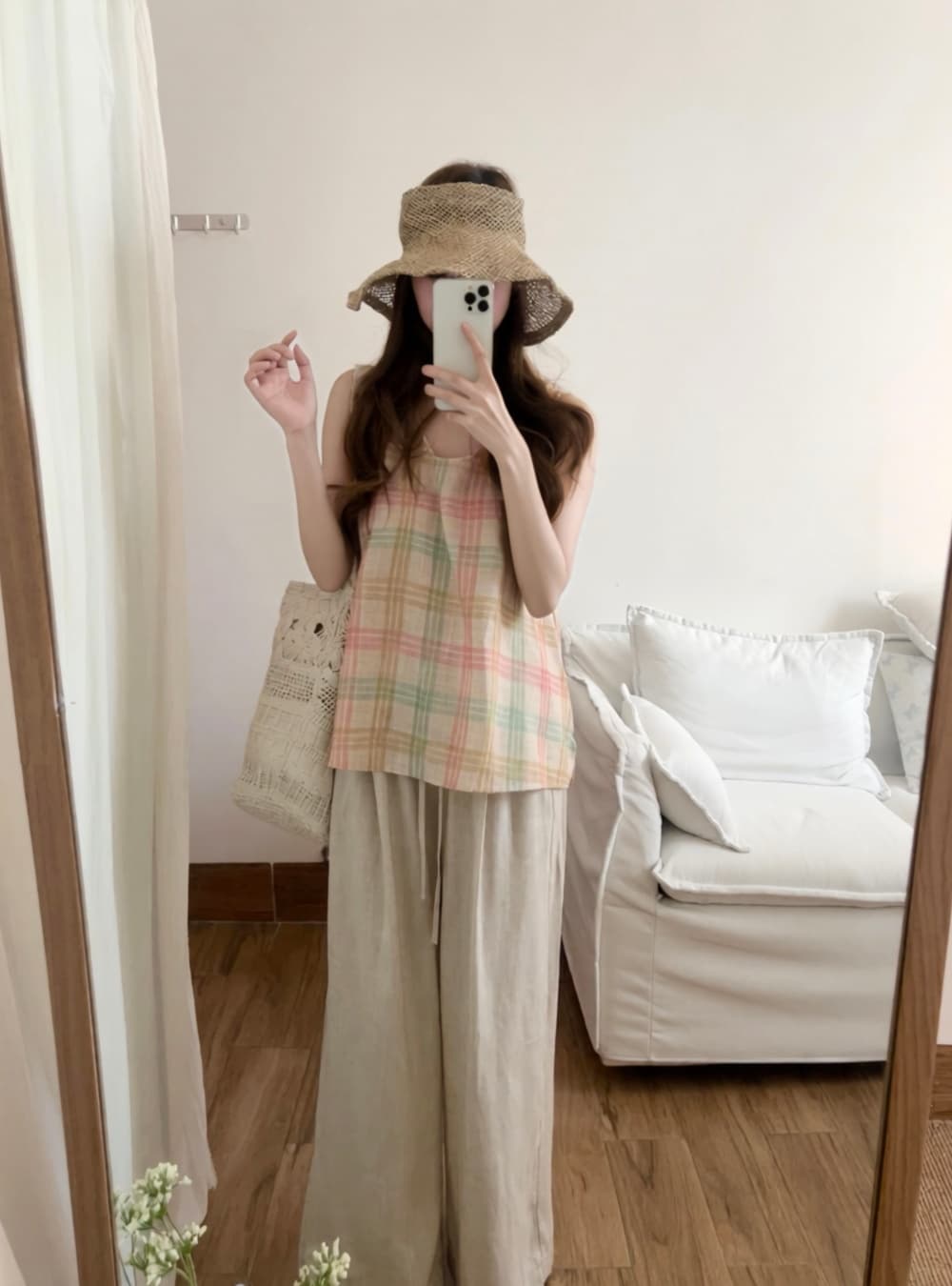 실사 한 부서 신선함 색상 체크무늬 조끼 체크무늬 루즈핏 민소매 작은 셔츠 맨위 여성 상세 이미지 7