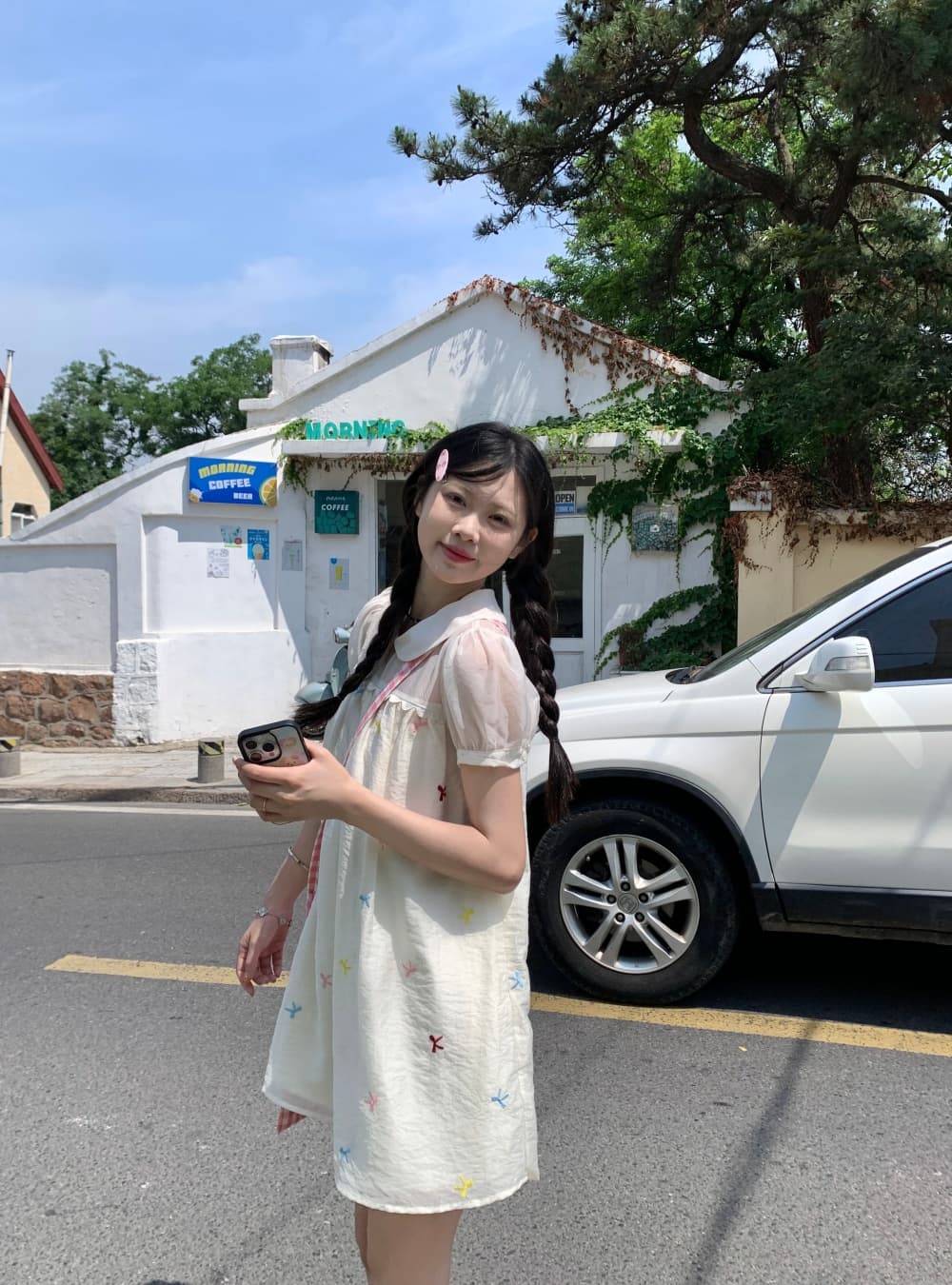 실사 한 부서 여름 자수 나비 매듭 소녀 달콤함 베이비 칼라 쇼트 스타일 여성 드레스 상세 이미지 7
