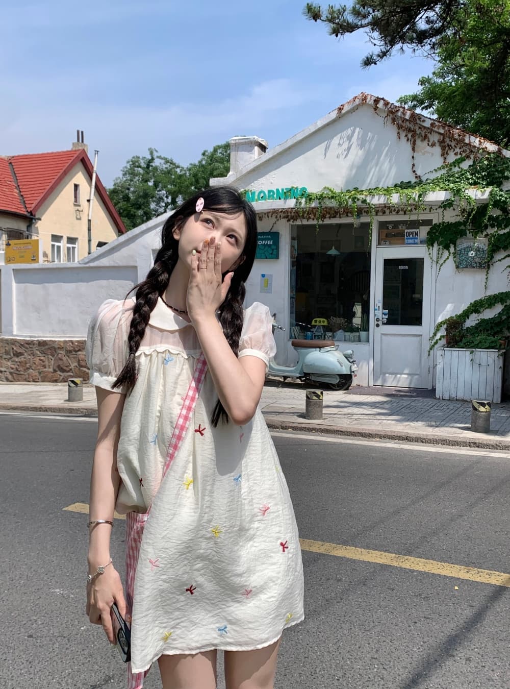 실사 한 부서 여름 자수 나비 매듭 소녀 달콤함 베이비 칼라 쇼트 스타일 여성 드레스 상세 이미지 11