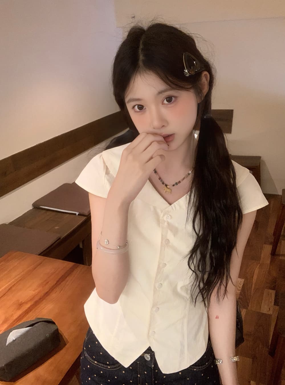 실사 여름 한 부서 몸매 가꾸기 베이비 칼라 폴로 칼라 달콤함 연령 감소 다용도 셔츠 여성용 짧은 소매 맨위 여성 이미지 2