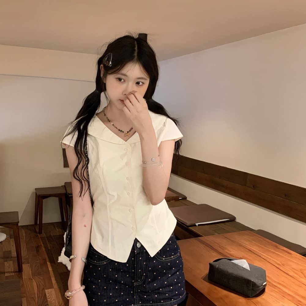 실사 여름 한 부서 몸매 가꾸기 베이비 칼라 폴로 칼라 달콤함 연령 감소 다용도 셔츠 여성용 짧은 소매 맨위 여성 이미지 5
