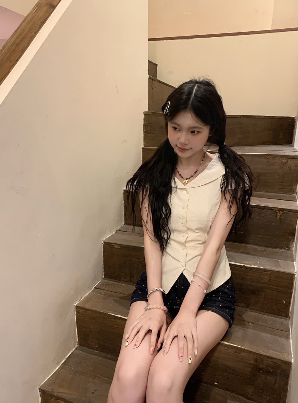 실사 여름 한 부서 몸매 가꾸기 베이비 칼라 폴로 칼라 달콤함 연령 감소 다용도 셔츠 여성용 짧은 소매 맨위 여성 이미지 4