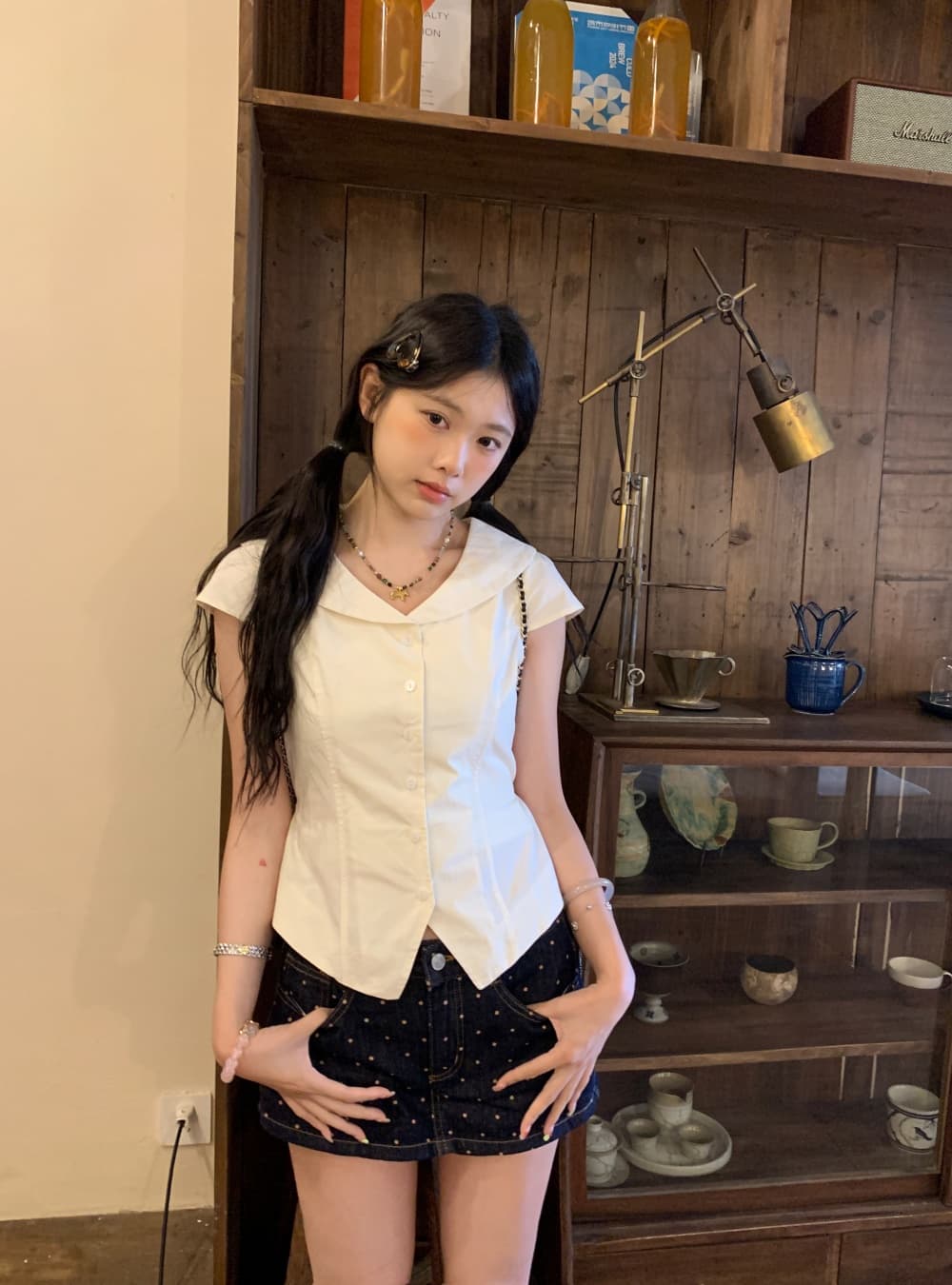 실사 여름 한 부서 몸매 가꾸기 베이비 칼라 폴로 칼라 달콤함 연령 감소 다용도 셔츠 여성용 짧은 소매 맨위 여성 상세 이미지 2