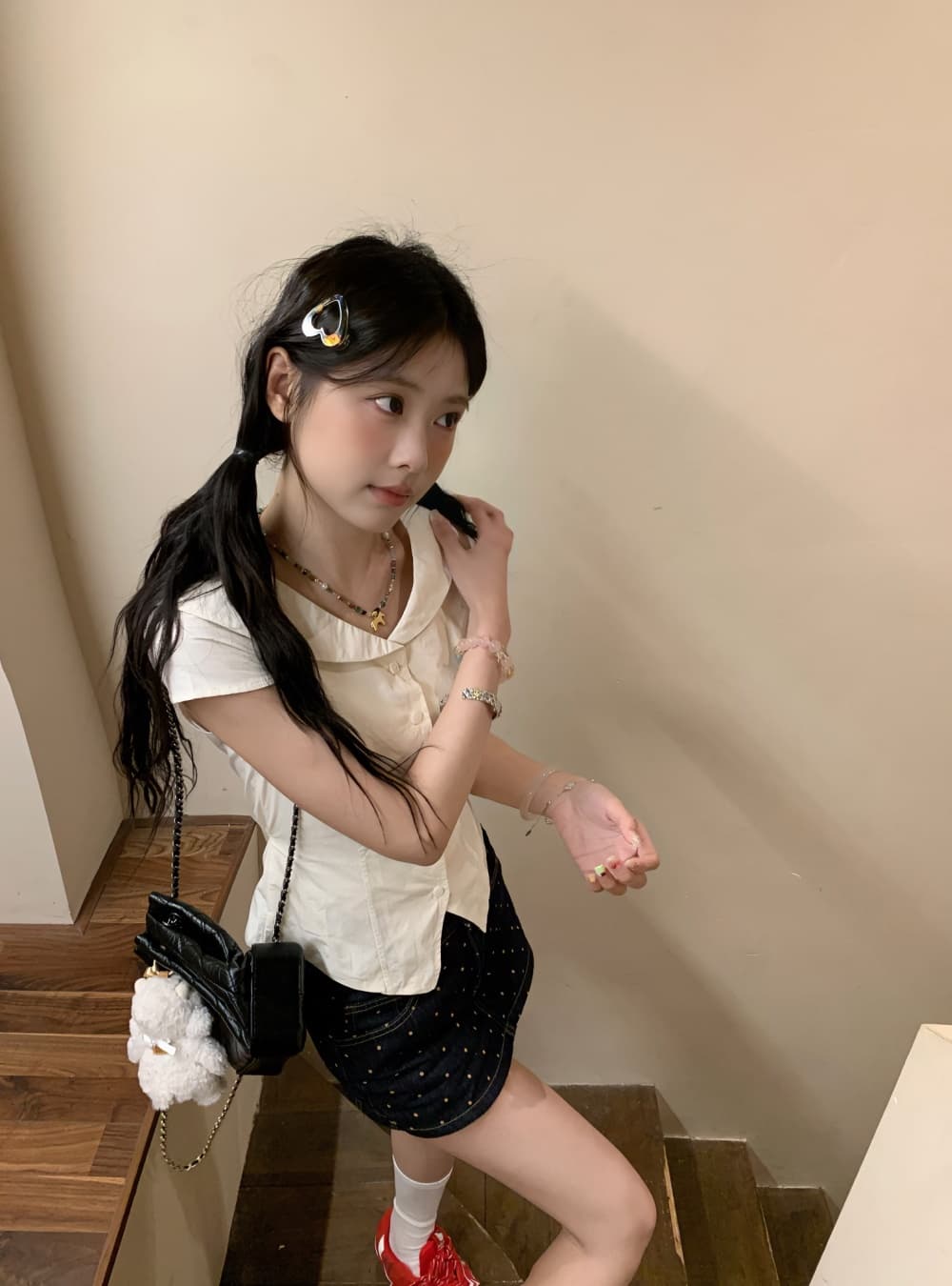 실사 여름 한 부서 몸매 가꾸기 베이비 칼라 폴로 칼라 달콤함 연령 감소 다용도 셔츠 여성용 짧은 소매 맨위 여성 상세 이미지 13