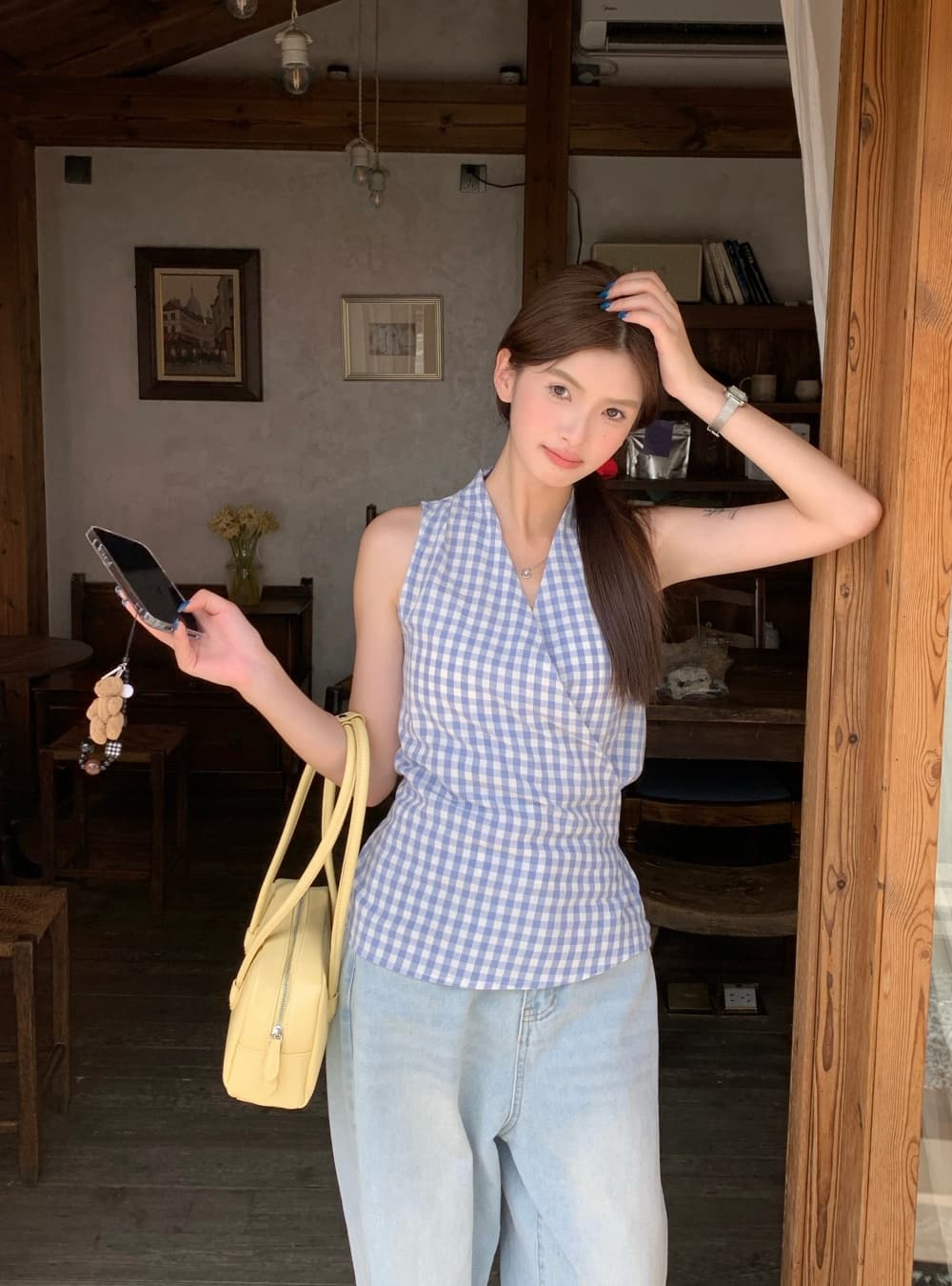실사 여름 새로운 한국 스타일 패션 다용도 체크무늬 V넥 맨위 민소매 레이스업 조끼 둘 착용 작은 셔츠 여성 상세 이미지 1
