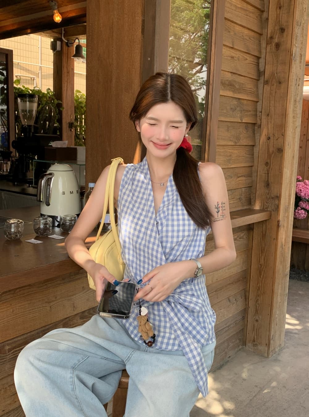 실사 여름 새로운 한국 스타일 패션 다용도 체크무늬 V넥 맨위 민소매 레이스업 조끼 둘 착용 작은 셔츠 여성 상세 이미지 2