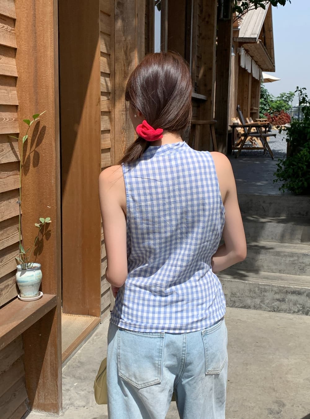 실사 여름 새로운 한국 스타일 패션 다용도 체크무늬 V넥 맨위 민소매 레이스업 조끼 둘 착용 작은 셔츠 여성 상세 이미지 3