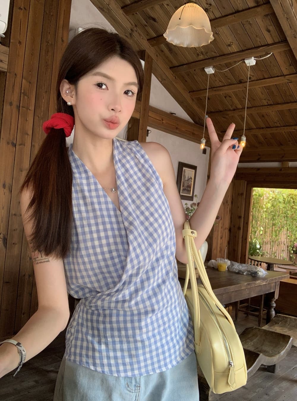 실사 여름 새로운 한국 스타일 패션 다용도 체크무늬 V넥 맨위 민소매 레이스업 조끼 둘 착용 작은 셔츠 여성 상세 이미지 4