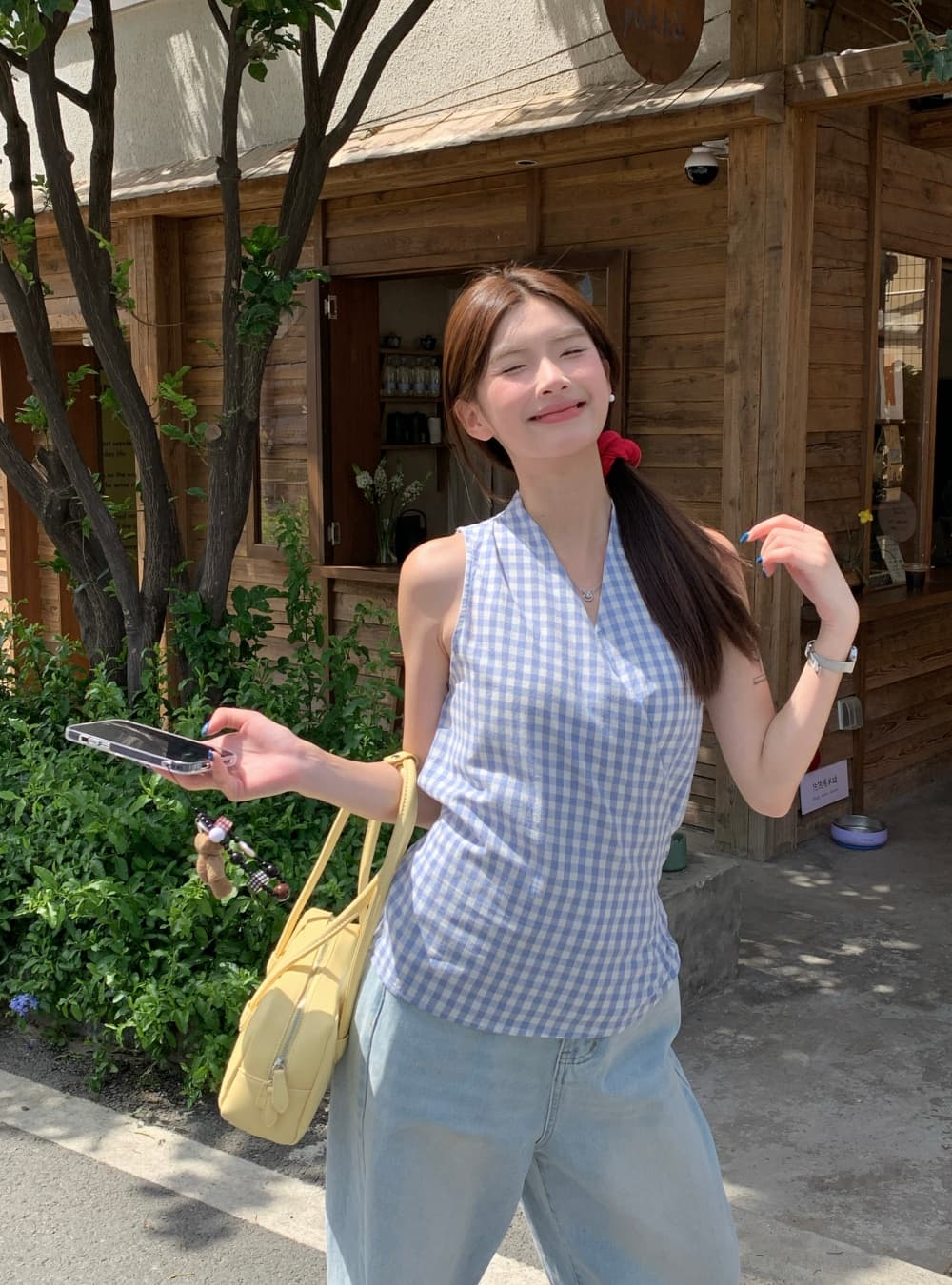 실사 여름 새로운 한국 스타일 패션 다용도 체크무늬 V넥 맨위 민소매 레이스업 조끼 둘 착용 작은 셔츠 여성 상세 이미지 5