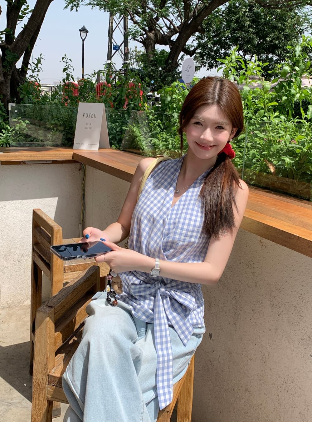 실사 여름 새로운 한국 스타일 패션 다용도 체크무늬 V넥 맨위 민소매 레이스업 조끼 둘 착용 작은 셔츠 여성 상세 이미지 6
