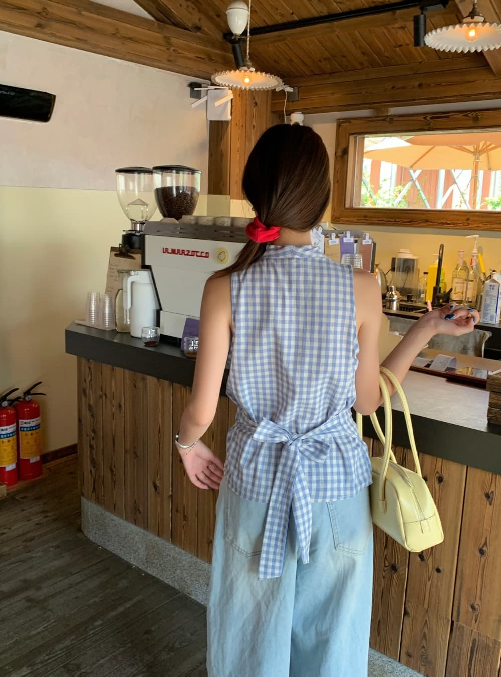 실사 여름 새로운 한국 스타일 패션 다용도 체크무늬 V넥 맨위 민소매 레이스업 조끼 둘 착용 작은 셔츠 여성 상세 이미지 7