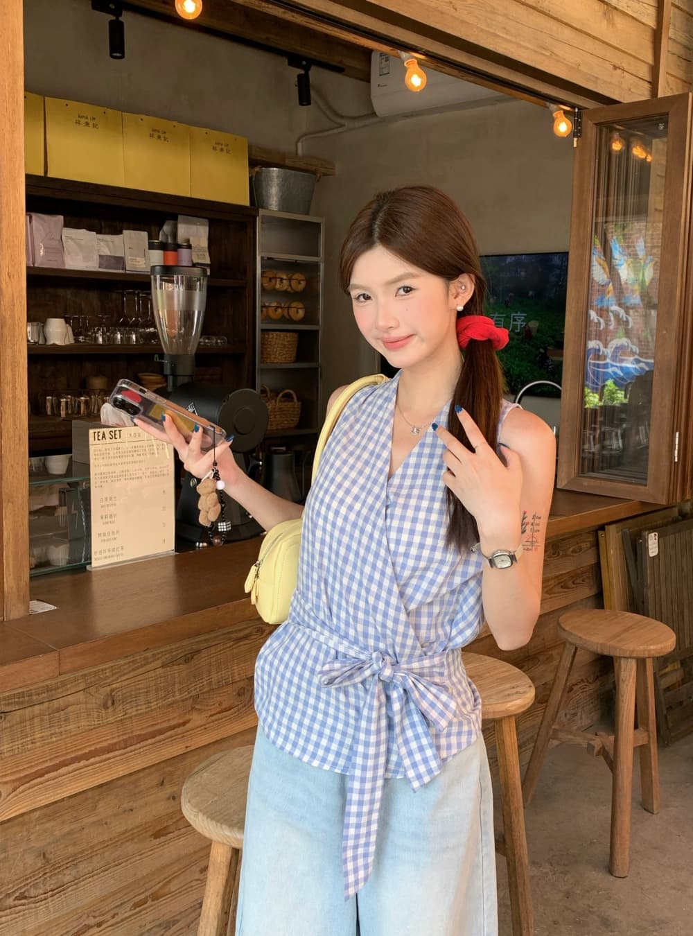 실사 여름 새로운 한국 스타일 패션 다용도 체크무늬 V넥 맨위 민소매 레이스업 조끼 둘 착용 작은 셔츠 여성 상세 이미지 9