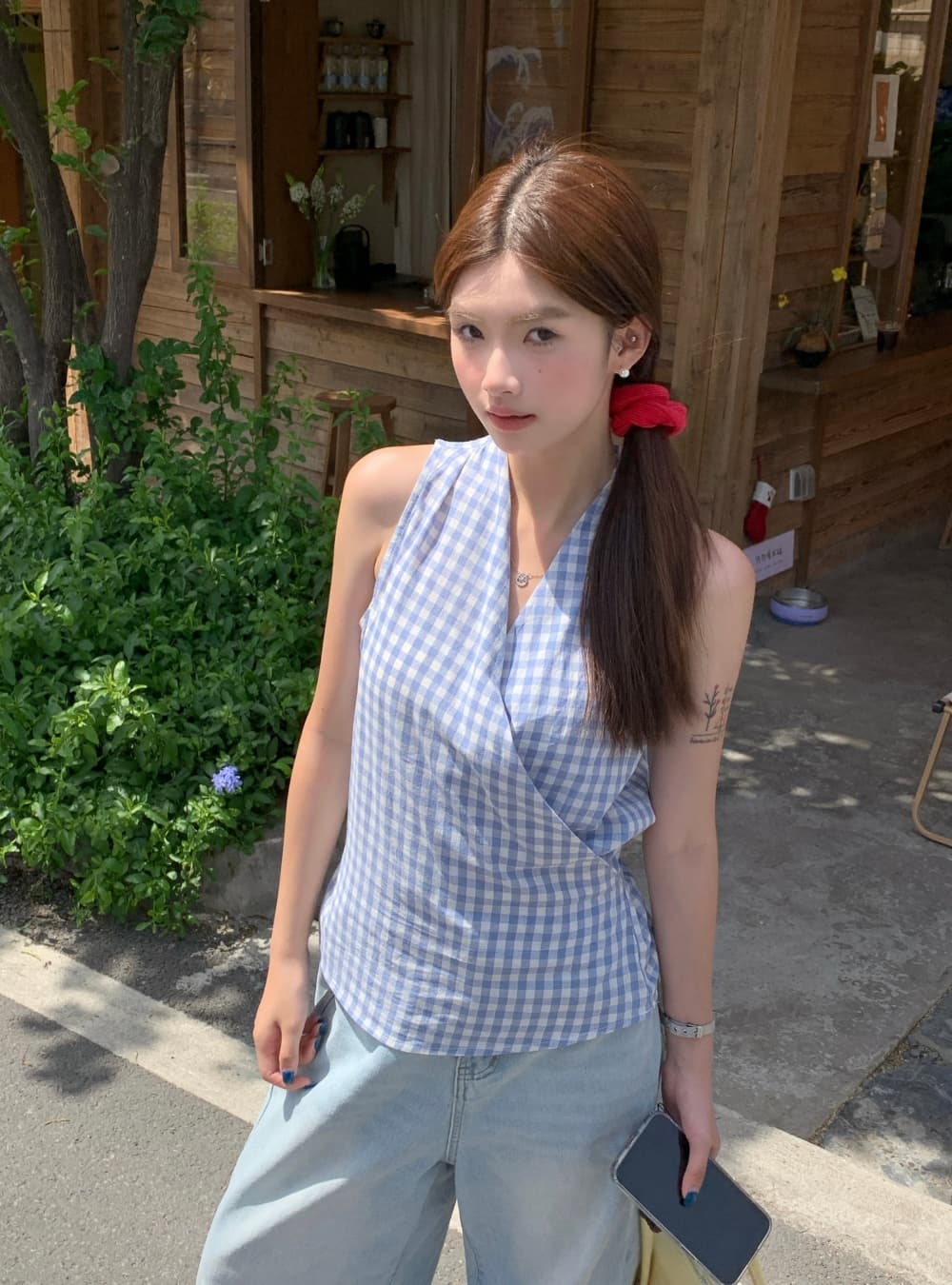 실사 여름 새로운 한국 스타일 패션 다용도 체크무늬 V넥 맨위 민소매 레이스업 조끼 둘 착용 작은 셔츠 여성 상세 이미지 10