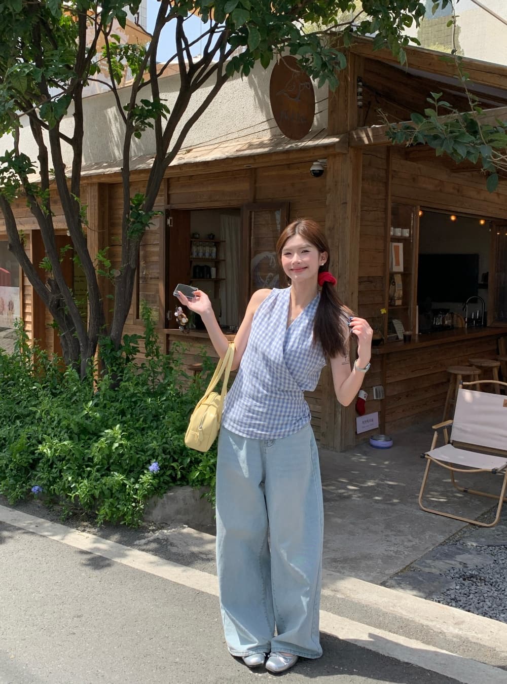 실사 여름 새로운 한국 스타일 패션 다용도 체크무늬 V넥 맨위 민소매 레이스업 조끼 둘 착용 작은 셔츠 여성 상세 이미지 12