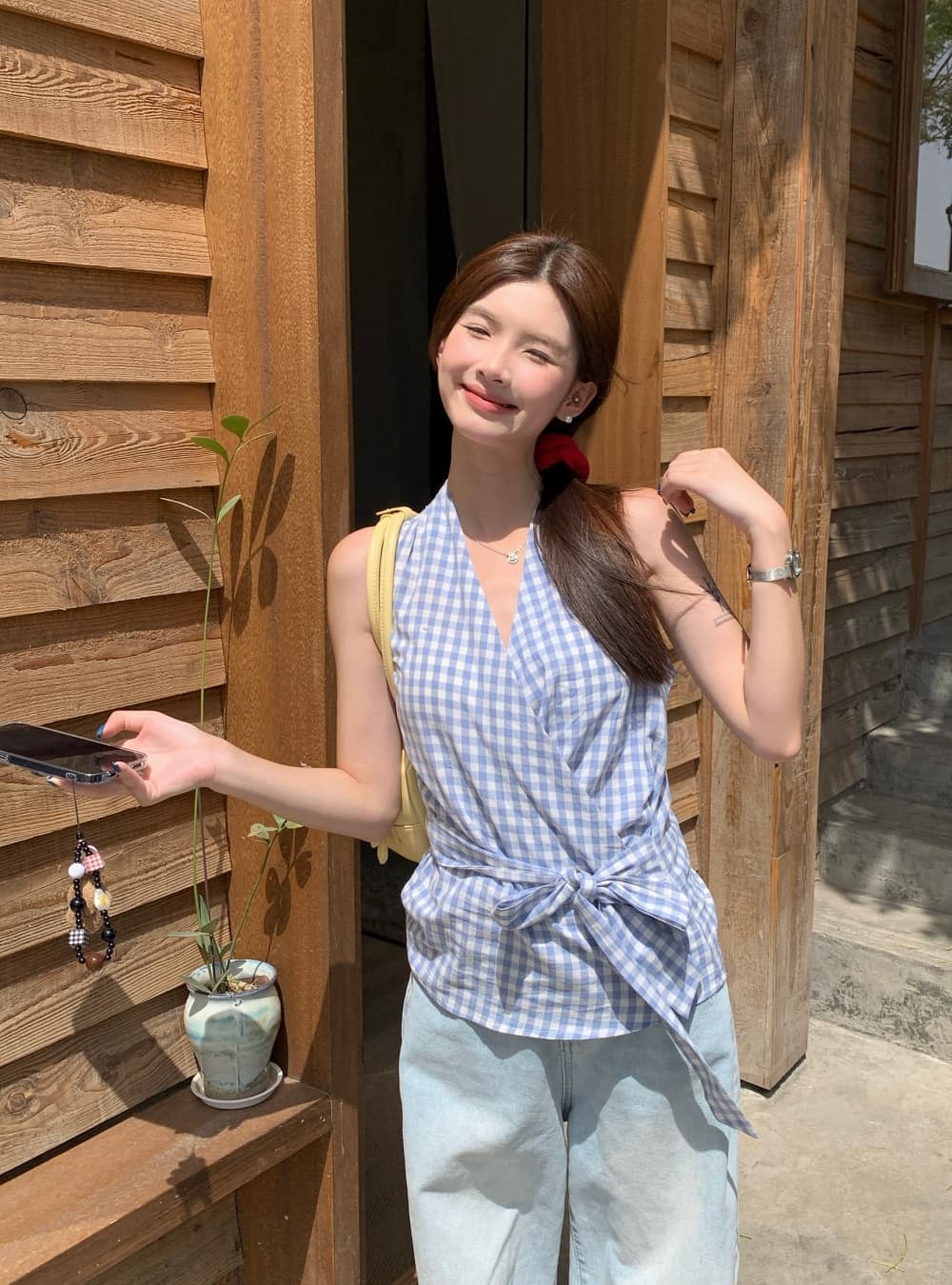 실사 여름 새로운 한국 스타일 패션 다용도 체크무늬 V넥 맨위 민소매 레이스업 조끼 둘 착용 작은 셔츠 여성 상세 이미지 13
