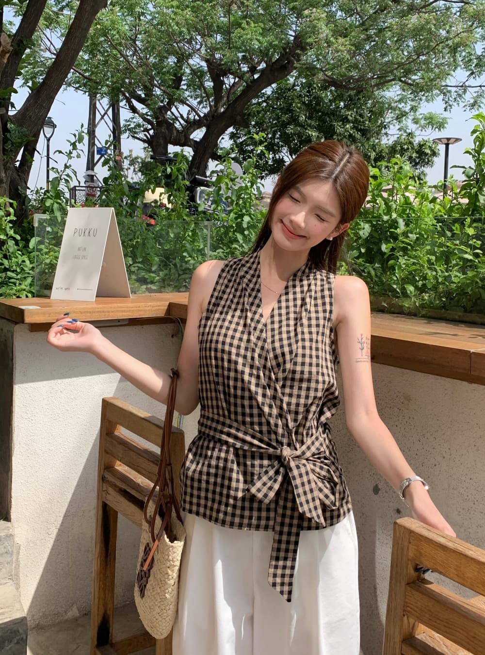 실사 여름 새로운 한국 스타일 패션 다용도 체크무늬 V넥 맨위 민소매 레이스업 조끼 둘 착용 작은 셔츠 여성 상세 이미지 14