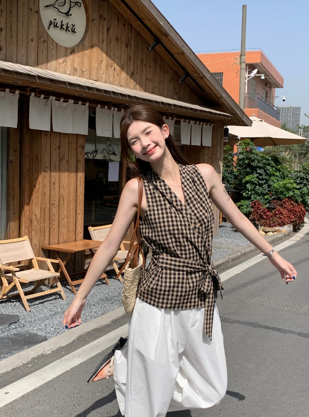 실사 여름 새로운 한국 스타일 패션 다용도 체크무늬 V넥 맨위 민소매 레이스업 조끼 둘 착용 작은 셔츠 여성 상세 이미지 15