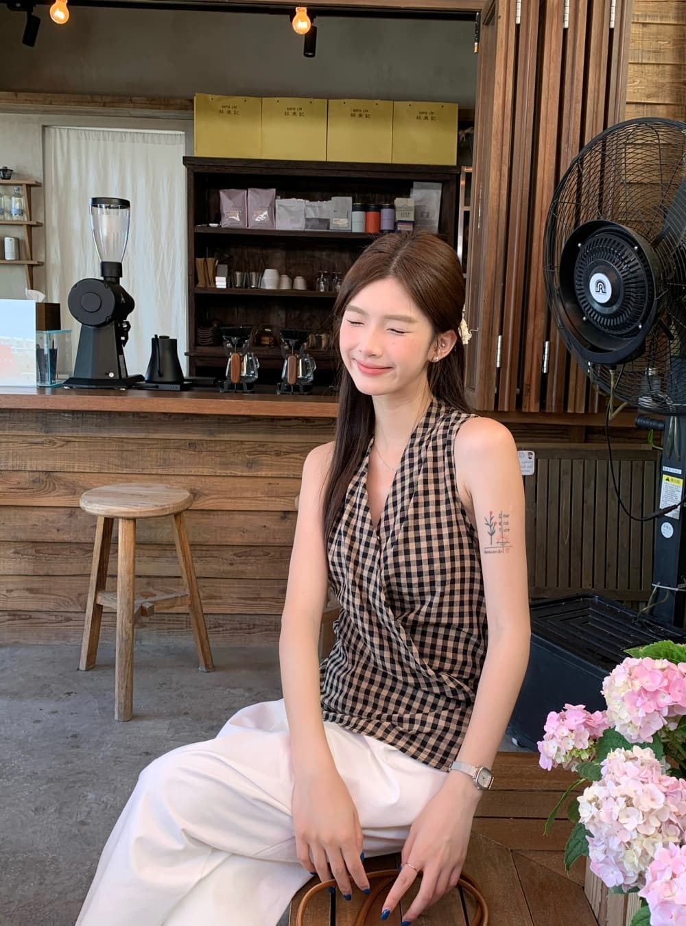 실사 여름 새로운 한국 스타일 패션 다용도 체크무늬 V넥 맨위 민소매 레이스업 조끼 둘 착용 작은 셔츠 여성 상세 이미지 16