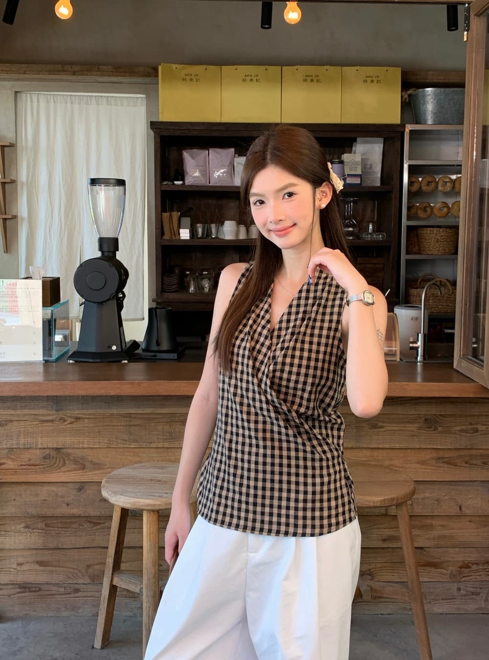 실사 여름 새로운 한국 스타일 패션 다용도 체크무늬 V넥 맨위 민소매 레이스업 조끼 둘 착용 작은 셔츠 여성 상세 이미지 17