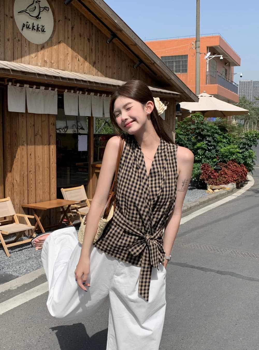 실사 여름 새로운 한국 스타일 패션 다용도 체크무늬 V넥 맨위 민소매 레이스업 조끼 둘 착용 작은 셔츠 여성 상세 이미지 20