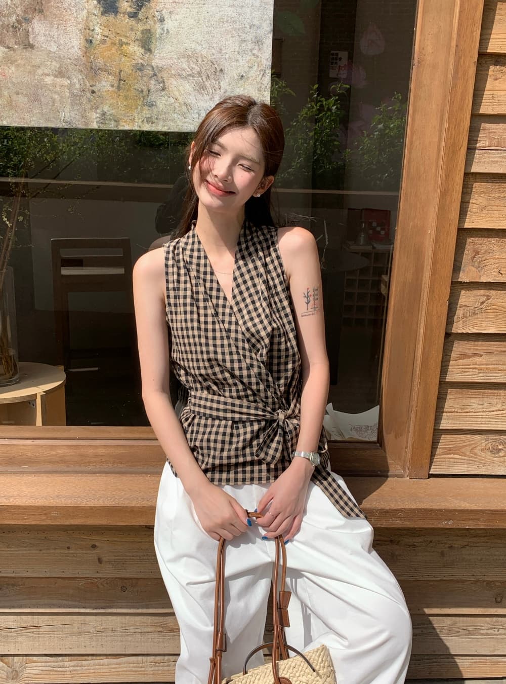 실사 여름 새로운 한국 스타일 패션 다용도 체크무늬 V넥 맨위 민소매 레이스업 조끼 둘 착용 작은 셔츠 여성 상세 이미지 22