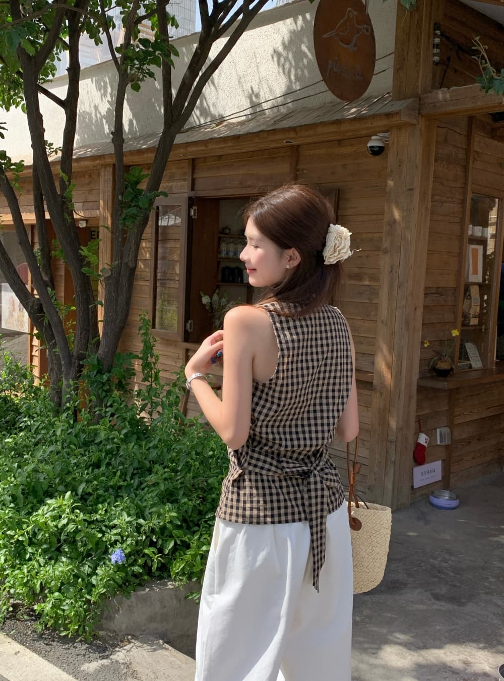 실사 여름 새로운 한국 스타일 패션 다용도 체크무늬 V넥 맨위 민소매 레이스업 조끼 둘 착용 작은 셔츠 여성 상세 이미지 23