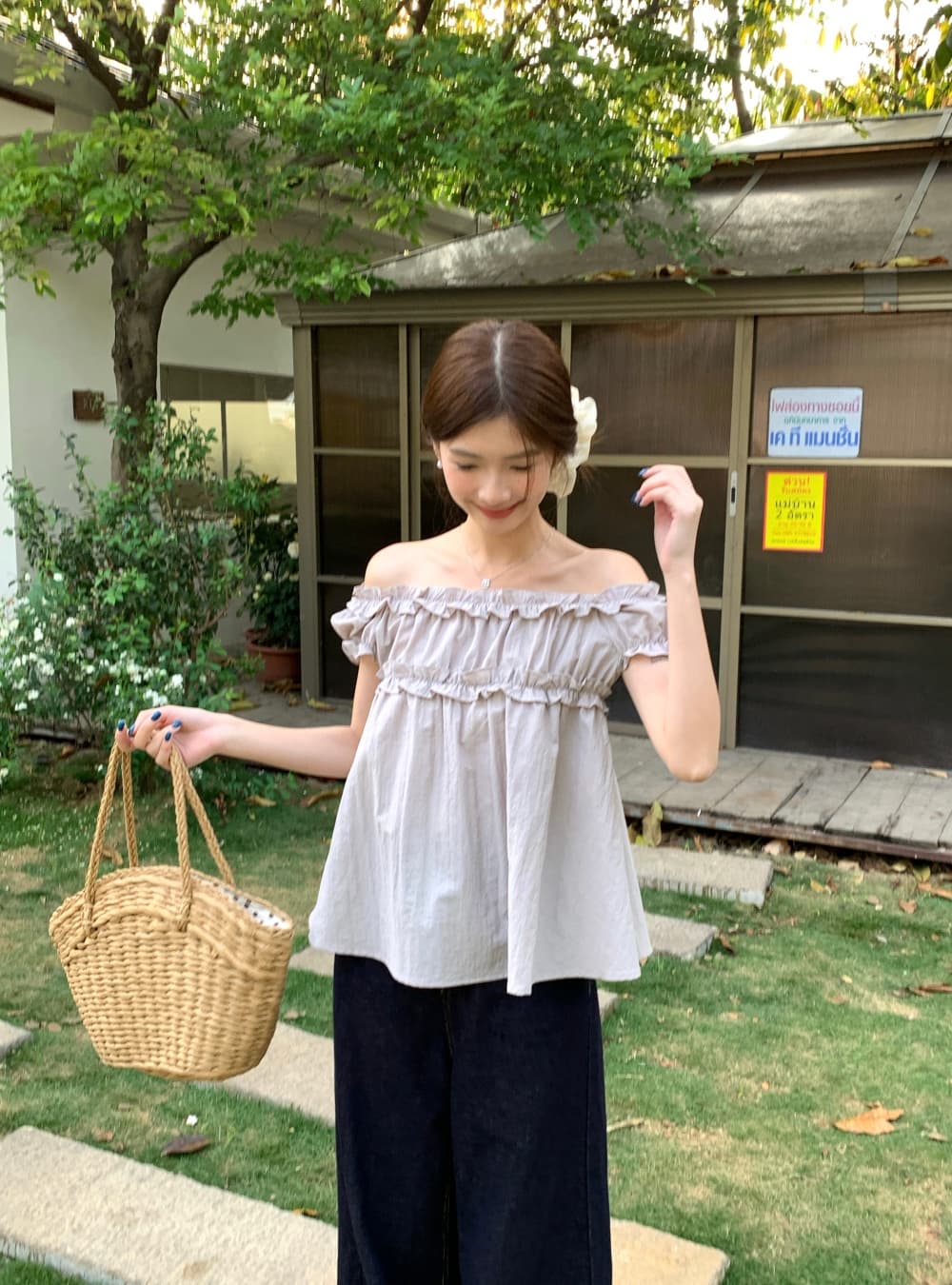 실사 여름 달콤한 차 한 부서 달콤함 부드러운 프릴 거품 소매 오프숄더 반팔 셔츠 맨위 여성 상세 이미지 4