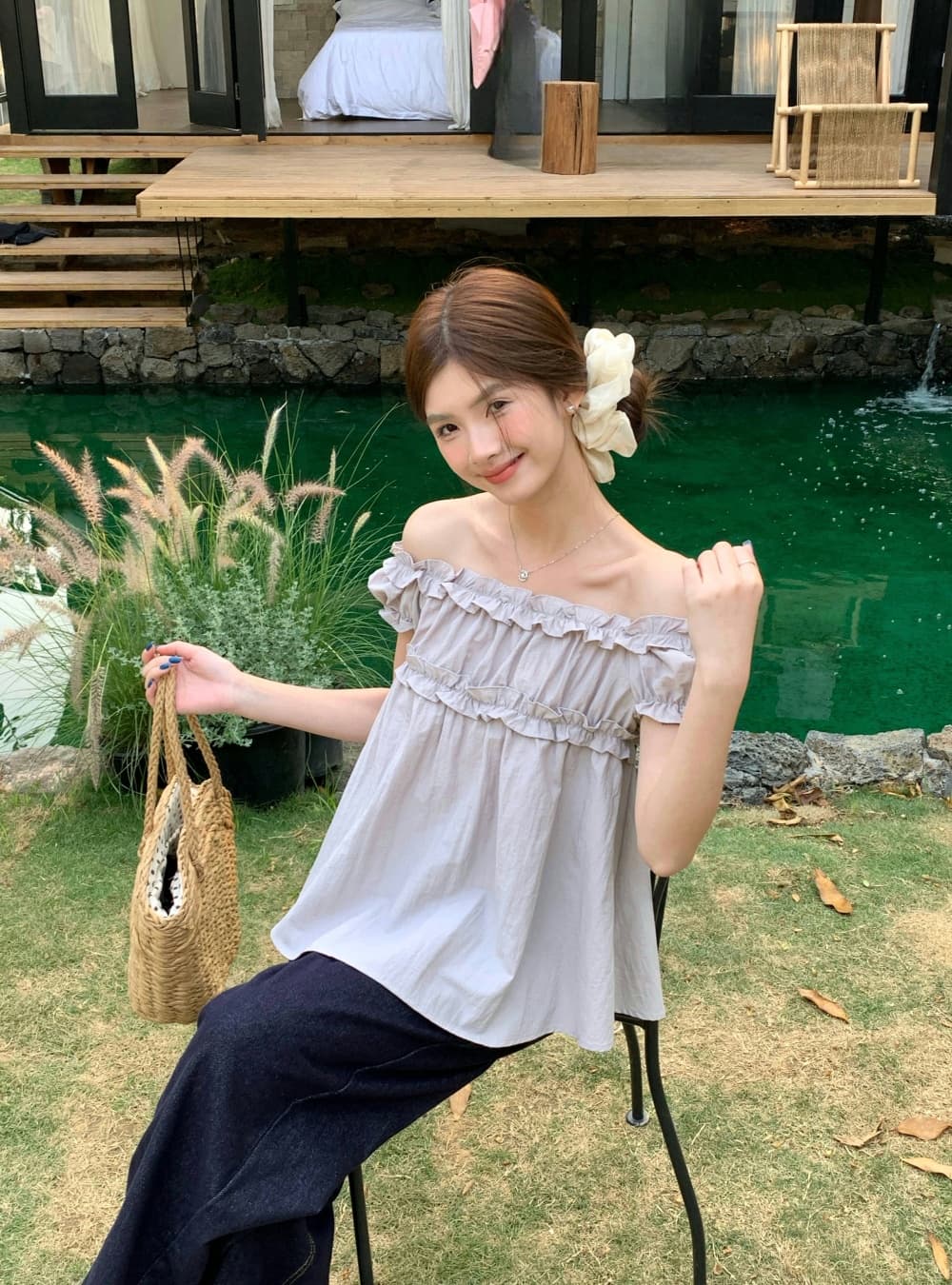 실사 여름 달콤한 차 한 부서 달콤함 부드러운 프릴 거품 소매 오프숄더 반팔 셔츠 맨위 여성 상세 이미지 5