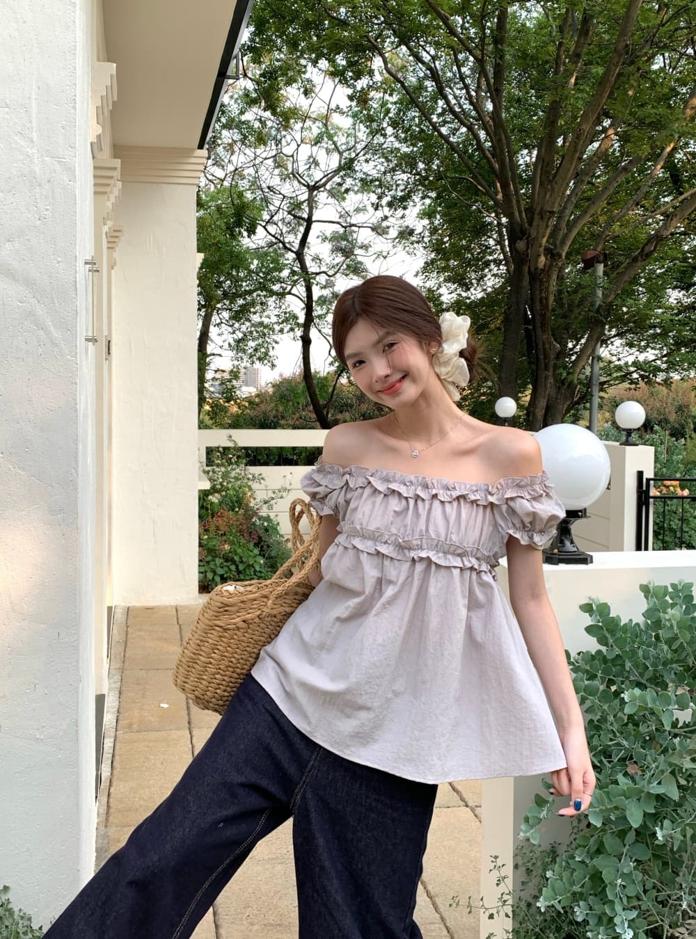 실사 여름 달콤한 차 한 부서 달콤함 부드러운 프릴 거품 소매 오프숄더 반팔 셔츠 맨위 여성 상세 이미지 10