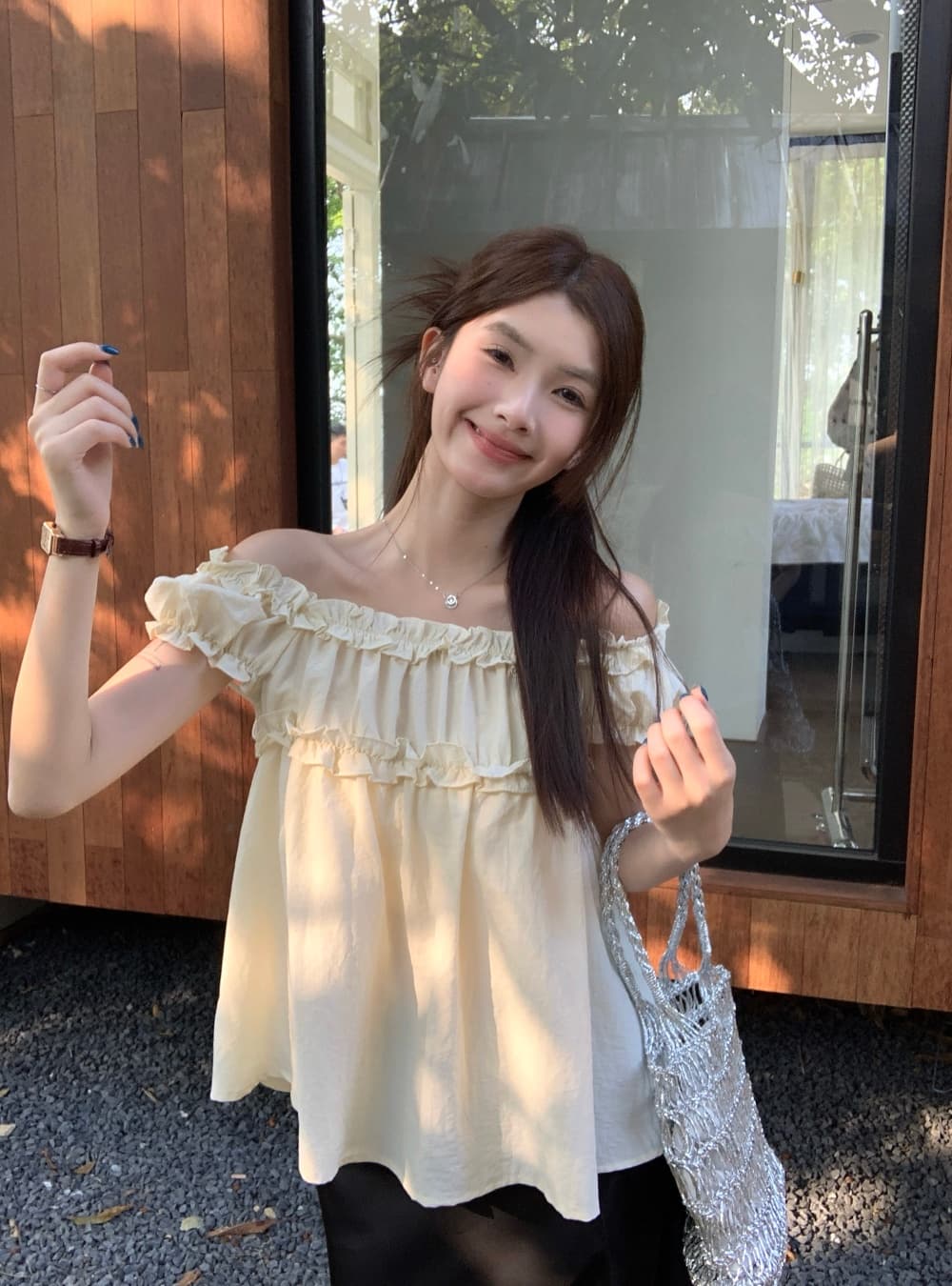 실사 여름 달콤한 차 한 부서 달콤함 부드러운 프릴 거품 소매 오프숄더 반팔 셔츠 맨위 여성 상세 이미지 13
