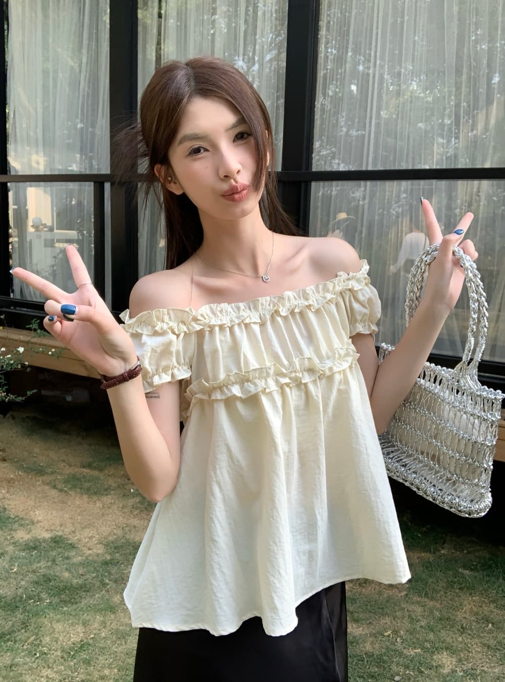 실사 여름 달콤한 차 한 부서 달콤함 부드러운 프릴 거품 소매 오프숄더 반팔 셔츠 맨위 여성 상세 이미지 14